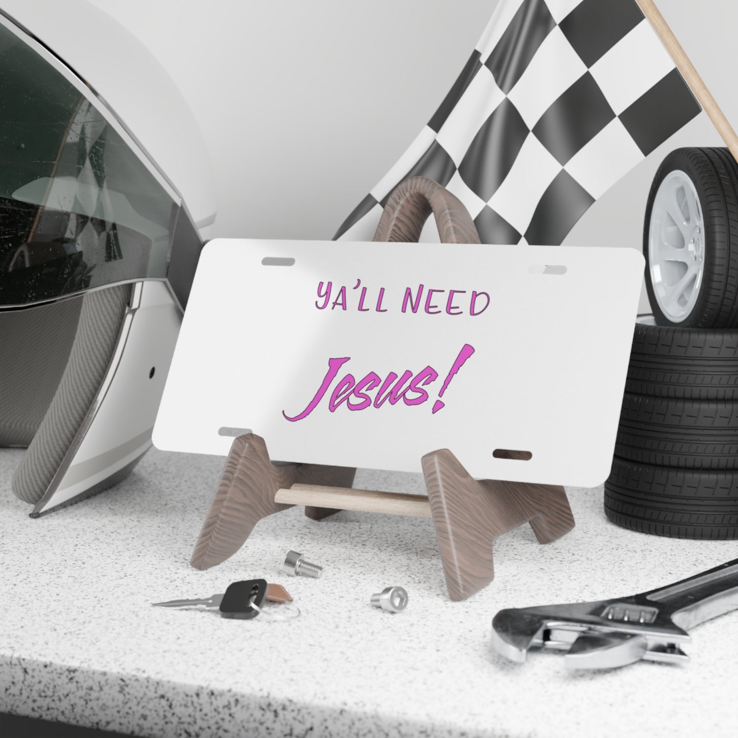 Y'all Need Jesus Vanity Plate (white/pink)