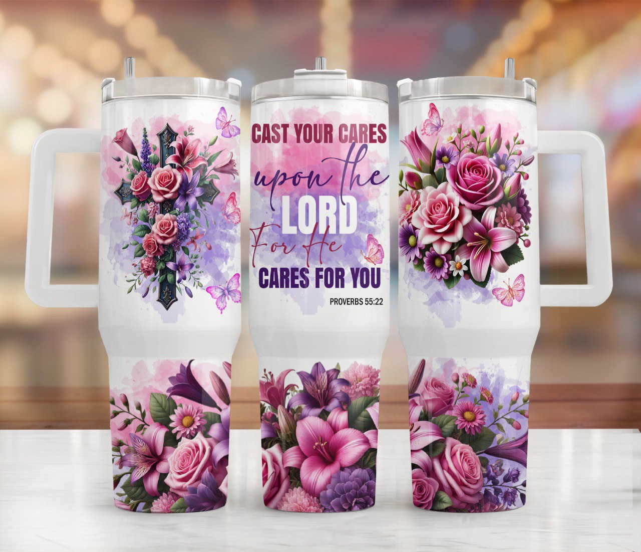 Proverbs 55:22 40oz Faith Tumbler- Cast your cares upon the Lord